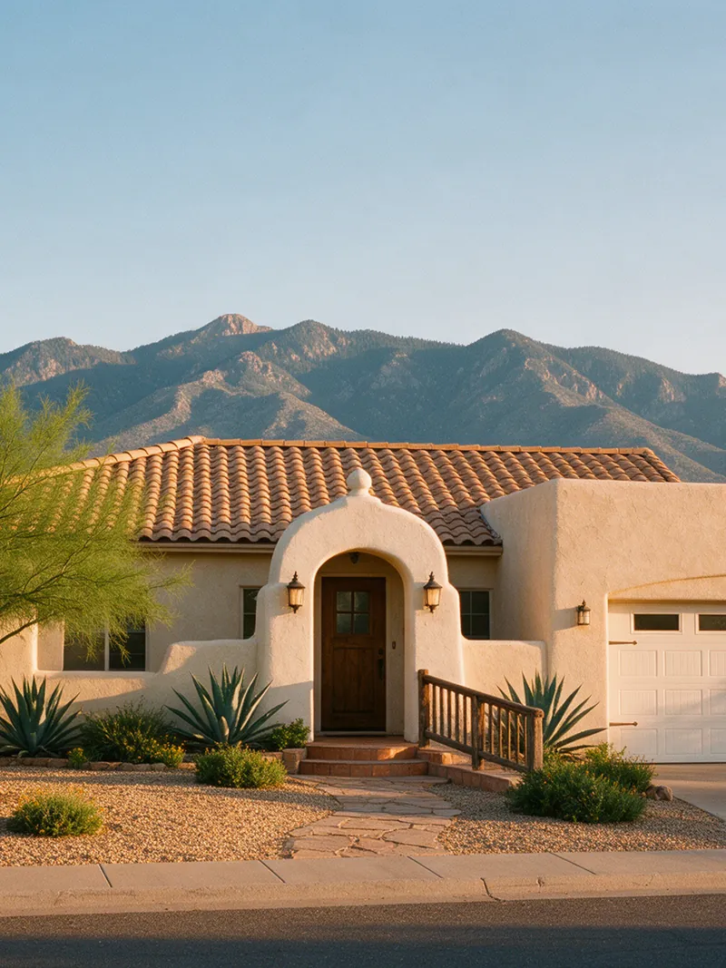Single-storey stucco home with a desert-landscaped yard and the Huachuca Mountains behind