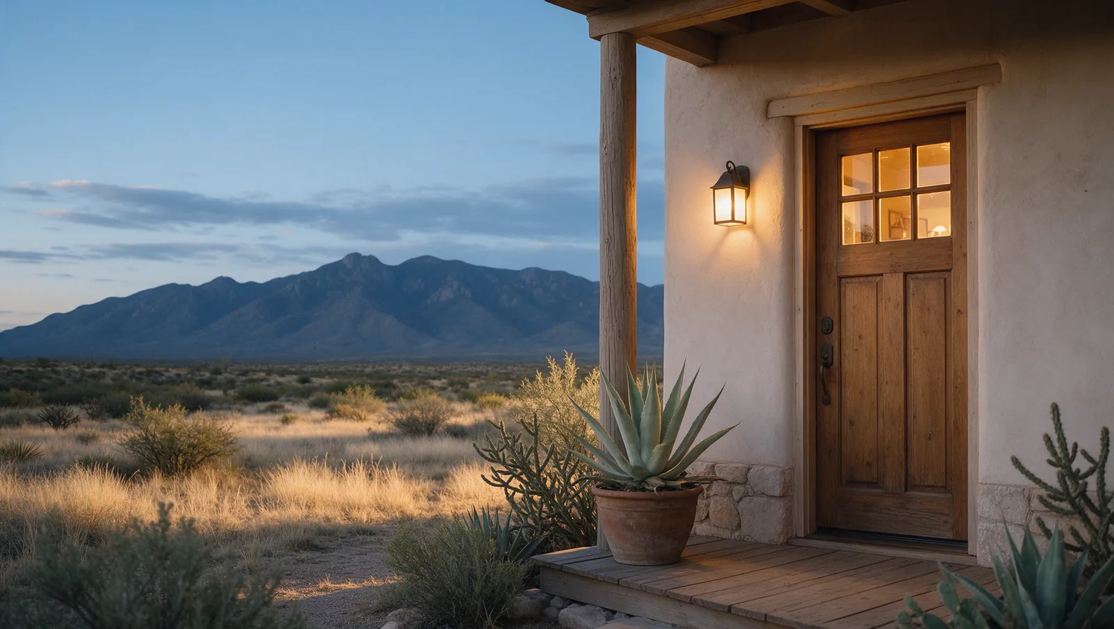 Front porch of a stucco home at dusk, porch light on, mountains on the horizon