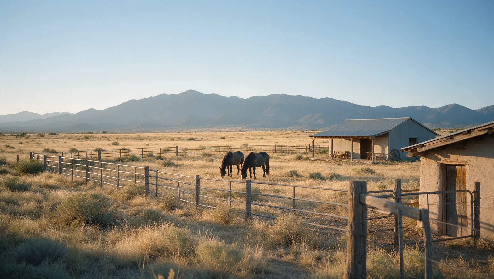 Two horses grazing behind a pipe-rail fence, a metal barn and the mountains beyond