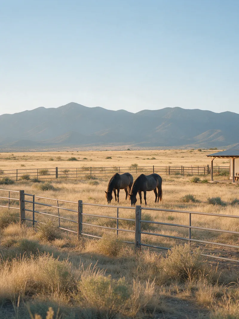 Two horses grazing behind a pipe-rail fence on a small high desert ranch