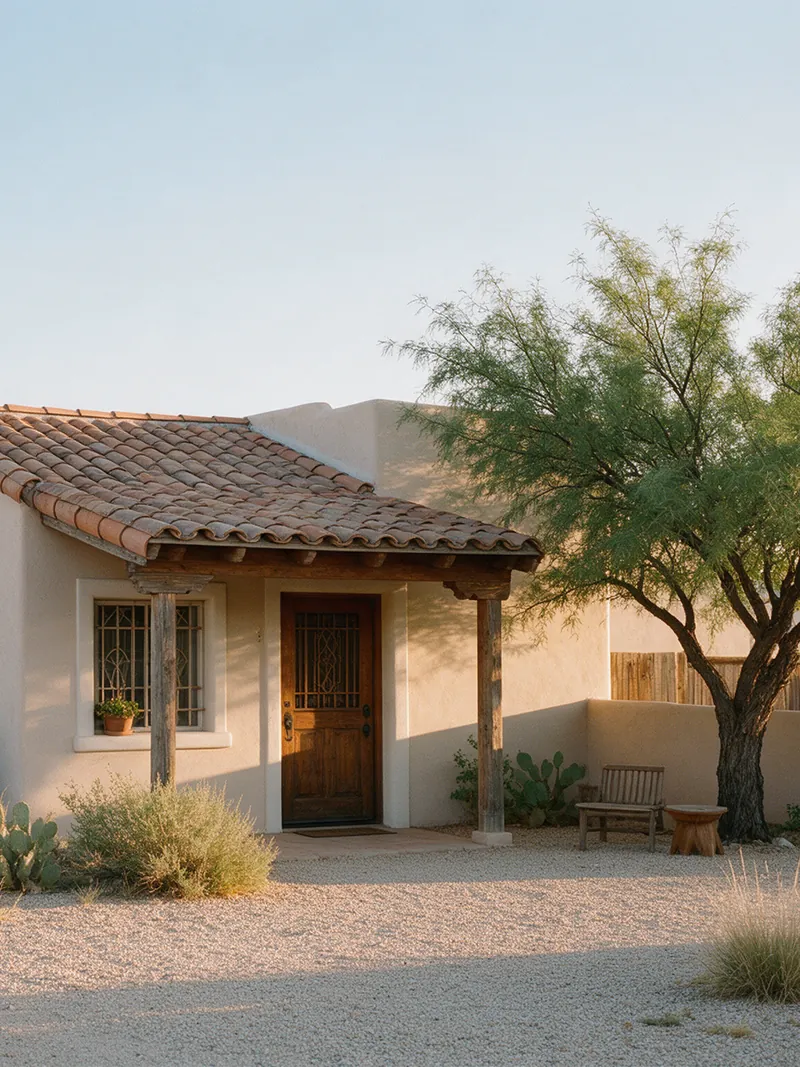 Stucco rental casita with a gravel yard and a mesquite tree
