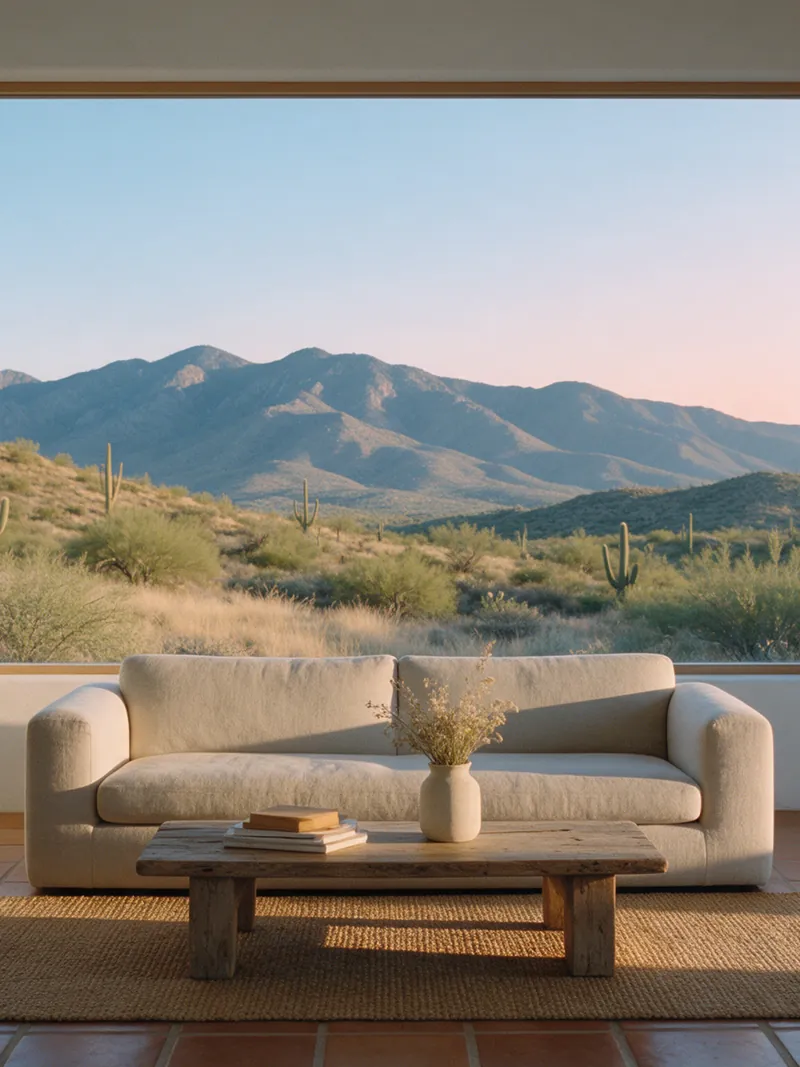 Bright living room with a picture window framing the mountains